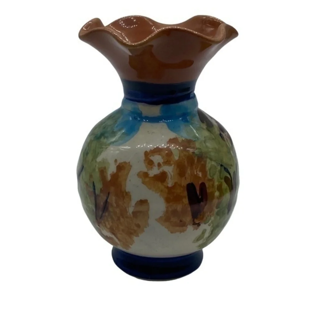Vintage Mexican Hand Painted Pottery Vase with Ruffle Top Art Deco